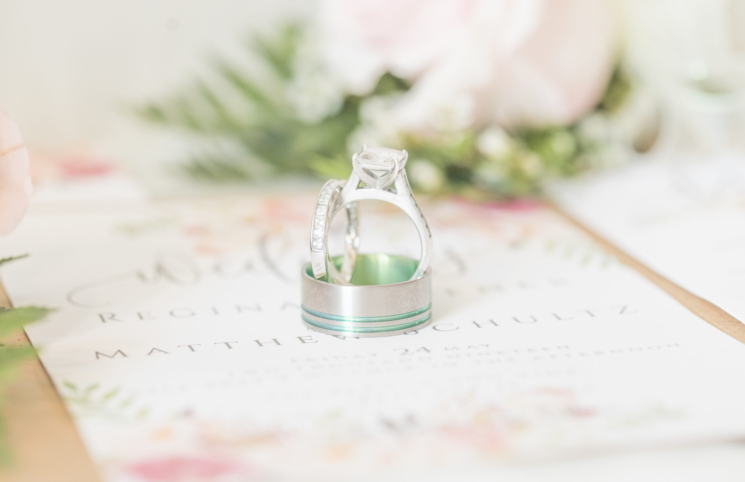 A teal Branch and Vine Wedding wedding rings