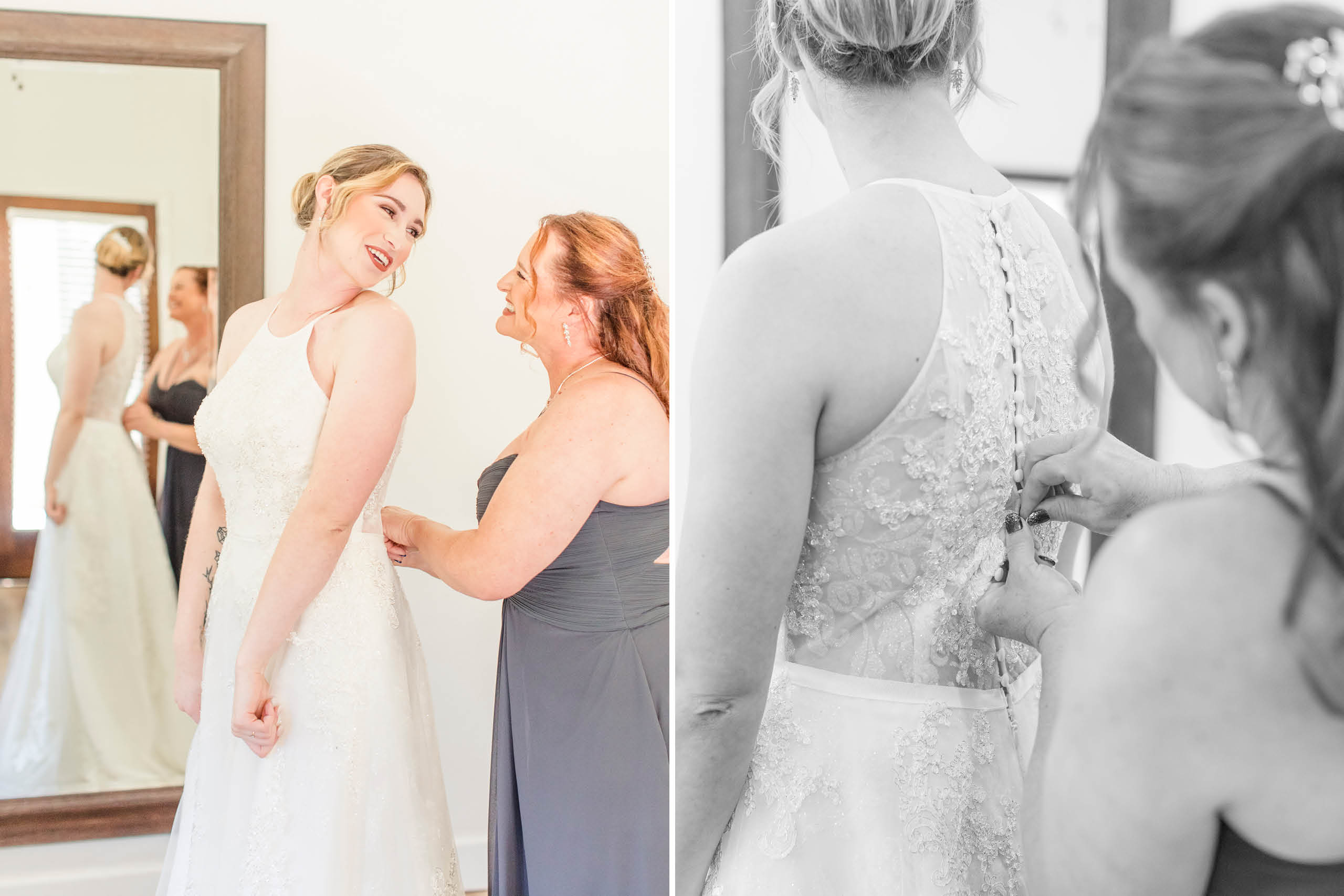 Bride Getting in Her Dress Wolf Lakes Wedding
