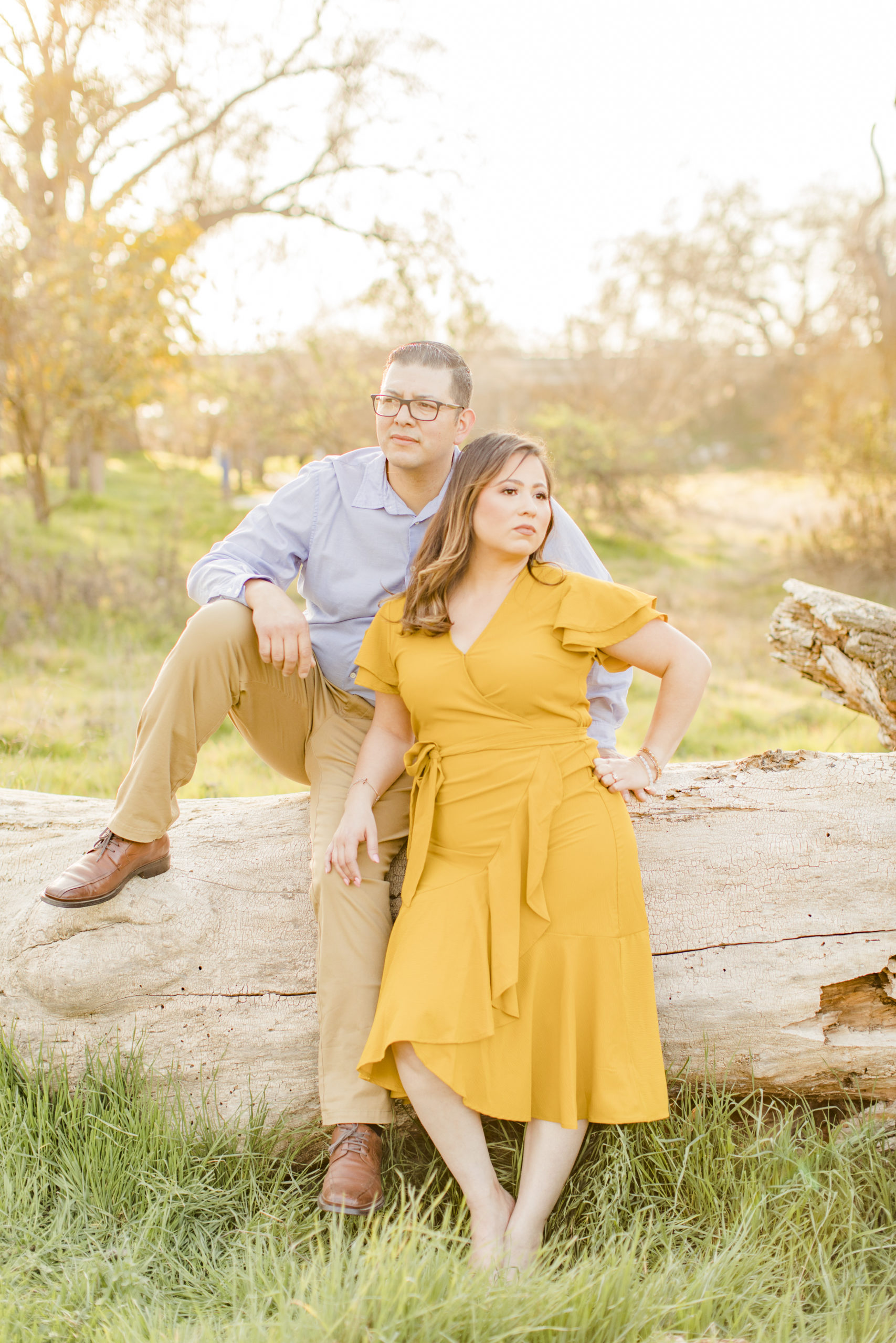 engaged couple on log
