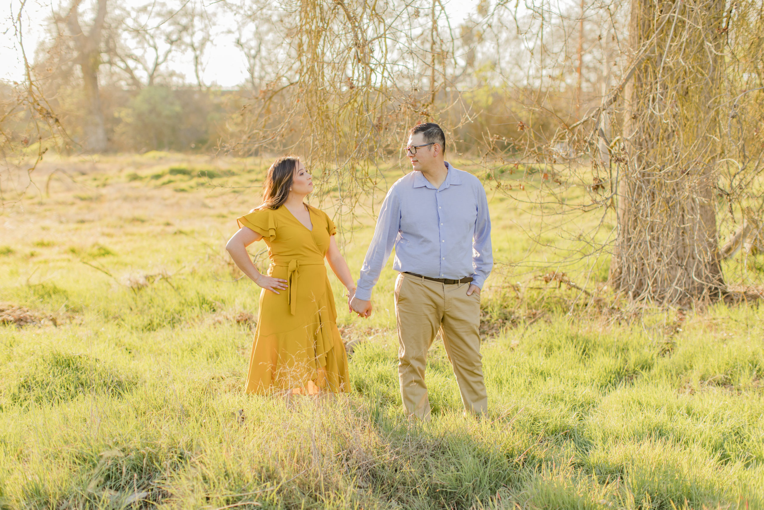 engaged couple in field